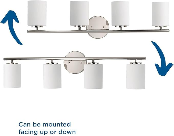 Progress Lighting Replay Collection 4 Light Bathroom Vanity Light, Modern Bath Lighting Fixture with Etched White Glass Shades for Over The Mirror, Reversible Mounting, Polished Nickel