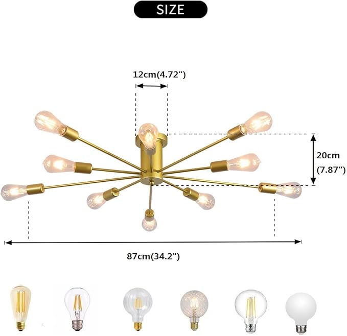 Garwarm 10 Lights Modern Sputnik Chandelier Gold Industrial Ceiling Lamp Mid Century Semi Flush Mount Ceiling Light Fixture for Kitchen Dining Room Living Room Bedroom Foyer Lighting