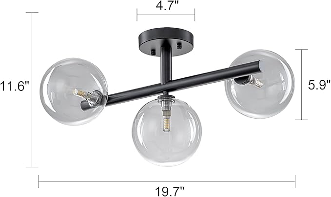 EDISLIVE 3-Light Semi Flush Mount Glass Ceiling Light Clear Globe, 19.7 in Mid Century Modern Sputnik Light Fixture with Clear Glass Shade Black Finished
