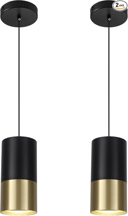 Black and Gold Pendant Light 2 Pack - Modern Pendant Lights Kitchen Island with GU10 Bulbs, Minimalist Hanging Light for Dining Room Bedroom Bar, 5W 4000K