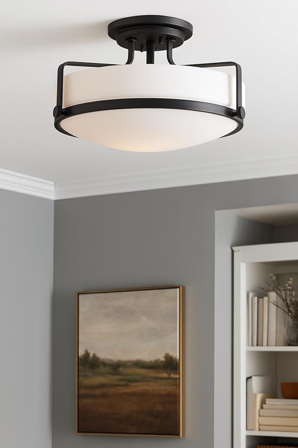 Hinkley Harper 3643BK Large Semi-Flush Ceiling Light, Sleek, Retro Style, Black and Etched Opal Glass
