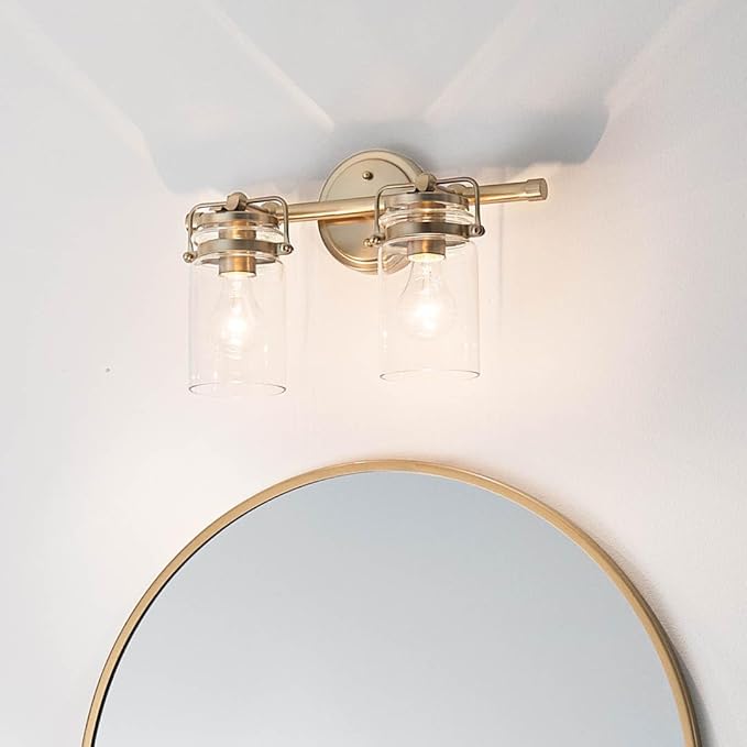 Kichler Brinley 2-Light Bathroom Vanity Light Fixture 15.75 in Industrial Farmhouse with Clear Glass in Champagne Bronze for Mirror Over Sink (15.75 x 10.25 x 6.75 in), 45688CPZ