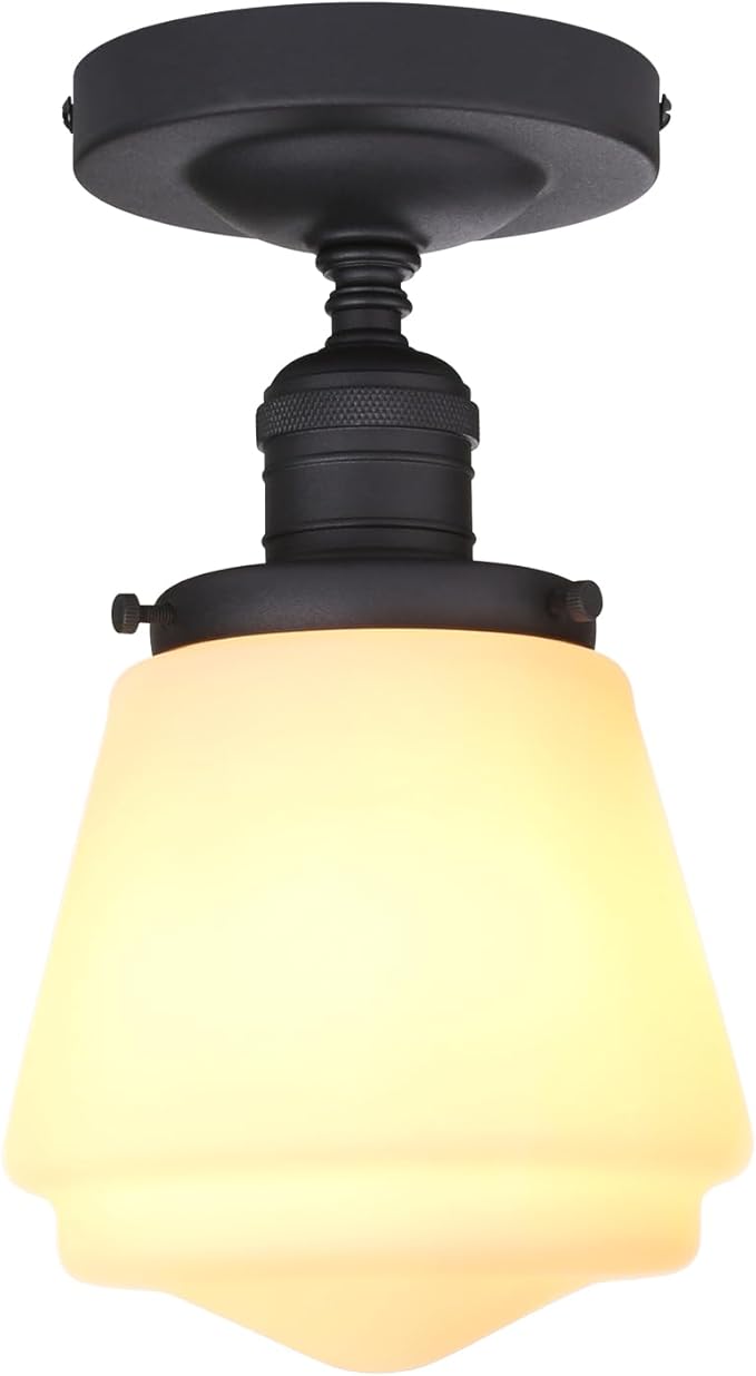 Industrial Semi Flush Mount Ceiling Light with Milk White Glass Pendant Lamp Shade, Vintage Close to Ceiling Light Fixture for Porch, Hallway, Entryway, Kitchen, Bedroom, Hotel
