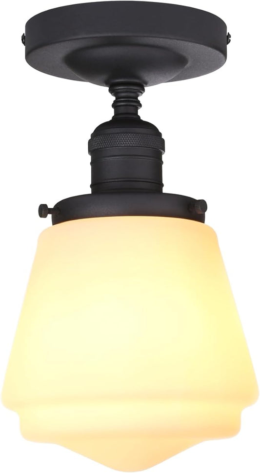 Industrial Semi Flush Mount Ceiling Light with Milk White Glass Pendant Lamp Shade, Vintage Close to Ceiling Light Fixture for Porch, Hallway, Entryway, Kitchen, Bedroom, Hotel