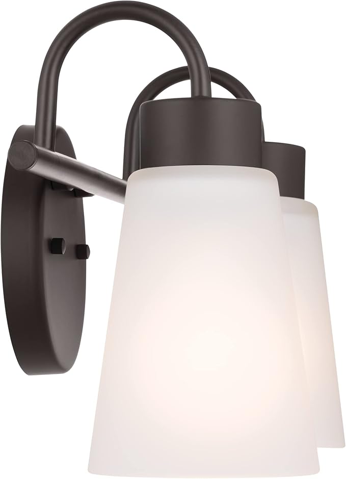 Kichler Erma 2-Light Bathroom Vanity Light Fixture with Satin Etched Glass Shades, Updated Traditional Wall Sconce in Olde Bronze for Mirror (13.5" x 8.5" x 6"), 55125OZ