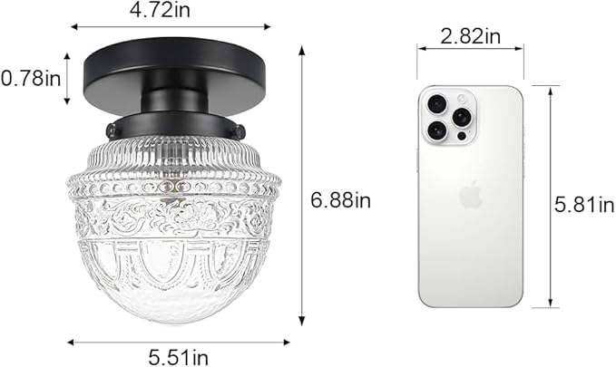DSMJFU Black Semi Flush Mount Ceiling Light, Small Hallway Light Fixture, Vintage Close to Ceiling Light Fixture for Bathroom, Entryway, Foyer, Closet