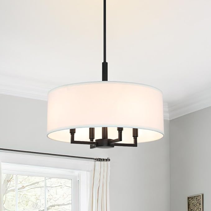 XiNBEi Lighting Drum Chandelier, Farmhouse 4 Light Pendant Light with White Fabric Shade Black Pendant Lighting Fixture for Kitchen Island Living Room XB-P1296-MB