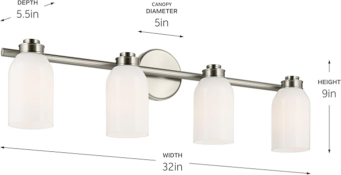 Kichler Shae 32.25" 4-Light Vanity Light with White Opal Glass in Brushed Nickel, for Bathroom Vanity, Powder Room, Over a Mirror, (32.25" W x 9" H), 55203NI