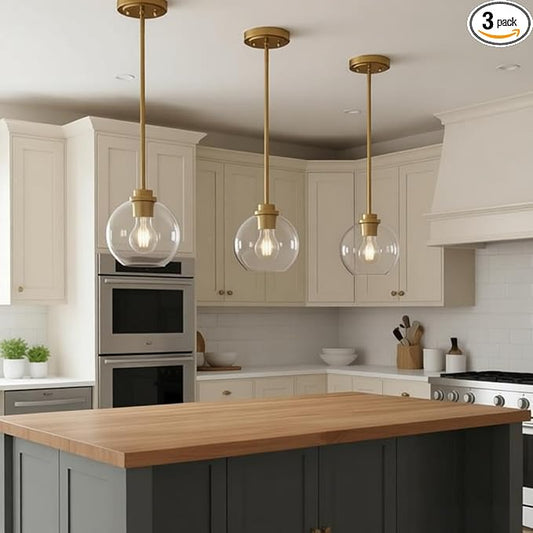 Gold Pendant Light, 7 Inch Clear Glass Farmhouse Hanging Fixture, Adjustable Height & Sloped Ceiling Compatible for Kitchen Island Dining Room Entryway Bedroom Hallway, 3 Pack