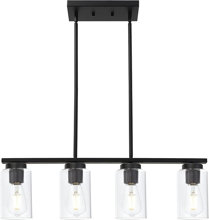 TODOLUZ Black Pendant Light Fixtures with Clear Glass Shades, 4-Lights Linar Kitchen Island Light for Farmhouse Dining Room Kitchen Pool Table
