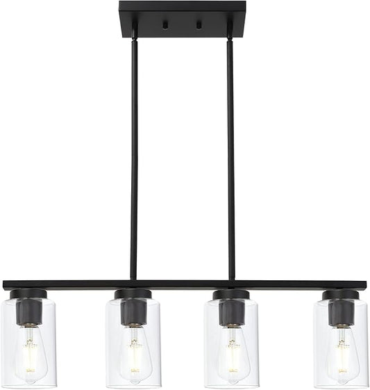 TODOLUZ Black Pendant Light Fixtures with Clear Glass Shades, 4-Lights Linar Kitchen Island Light for Farmhouse Dining Room Kitchen Pool Table