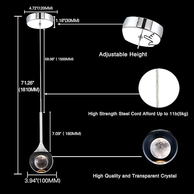 Sedelan Crystal Pendant Light, Modern Pendant Lights Kitchen Island 1-Light, LED 5W Mini Pendant Lighting, Fancy Island Lights for Kitchen Bedroom Dining Room Bathroom Bar, Chrome