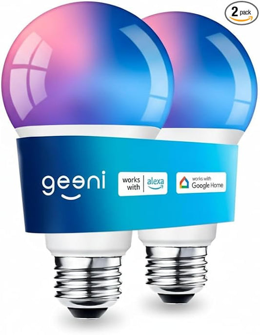 Geeni Prisma 800 Dimmable Smart Light Bulbs with 2.4 GHz Wi-Fi Connectivity – Color-Changing & Tunable White, A19 LED Smart Bulb – Compatible with Alexa & Google, 2-Pack