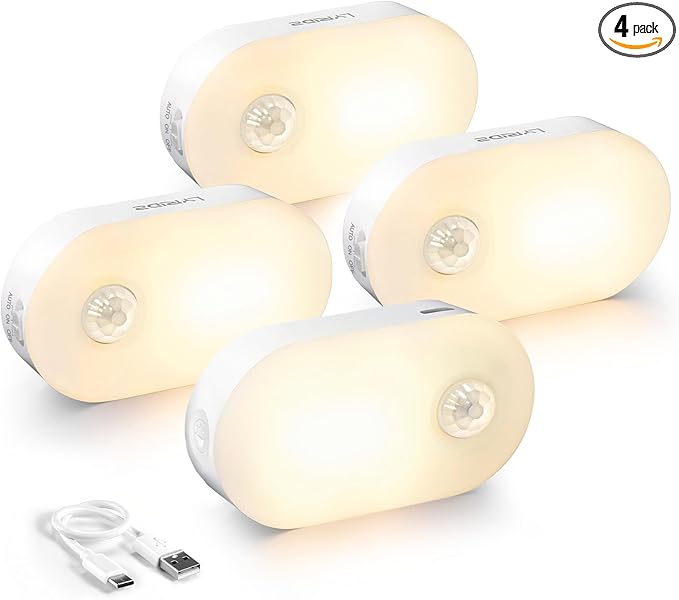 Lyridz Rechargeable Battery Night Light with Motion Sensor, Stick on Anywhere, 1-20LM Dimmable LED Nightlights for the Bedroom, Bathroom, Living Room, Kitchen, Stairs, Hallway, 4-Pack