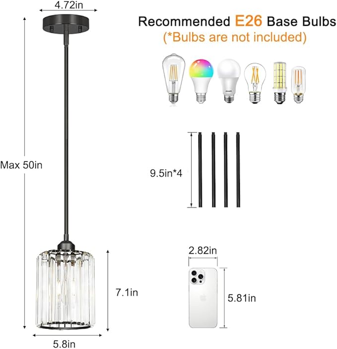 Black Kitchen Pendant Lights Over Island with Adjustable Rods - Crystal Pendant Lighting Fixtures for Sloped Ceiling, Ideal Over Dining Table or Bar, E26 Bulb Compatible, No Electrician Needed