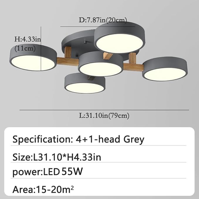 5-Lights LED Ceiling Light Fixture,32 Inch Modern Ceiling Lights Flush Mount Wooden 55W Chandelier for Living Room Bedroom Kitchen,Dimmable 3000K/4000K/6000K Temperatures Selectable, Grey
