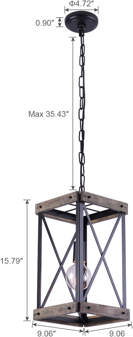 VILUXY Farmhouse Pendant Light for Kitchen Island 1-Light Wood Pendant Hanging Lamp Black Metal Cage Pendant Lantern Lighting for Dining Room Kitchen Hallway