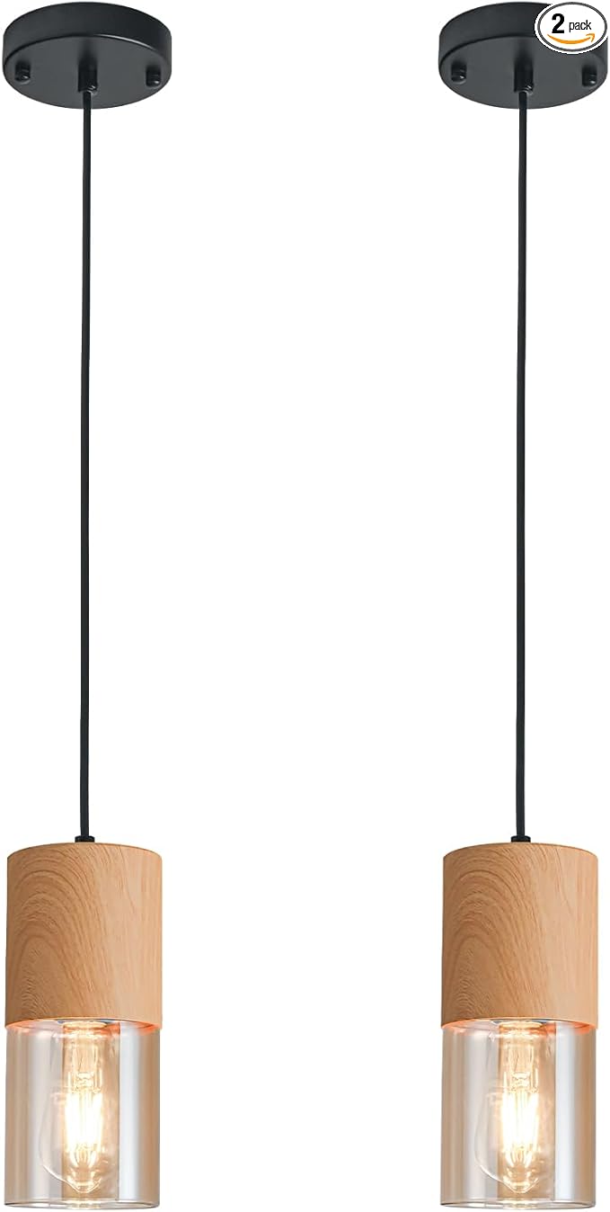 2-Pack Gold Pendant Lights for Kitchen Island, Adjustable Modern Pendant Light Fixtures with Raw Wood Grain, Industrial Amber Glass Pendant Lights for Dining Table Hallway Bedroom Living Room