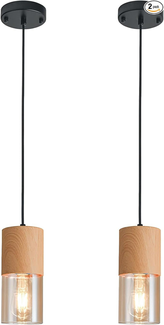 2-Pack Gold Pendant Lights for Kitchen Island, Adjustable Modern Pendant Light Fixtures with Raw Wood Grain, Industrial Amber Glass Pendant Lights for Dining Table Hallway Bedroom Living Room