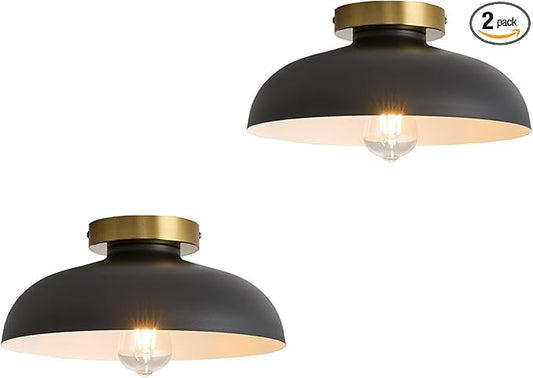 2 Pack Modern Semi Flush Mount Ceiling Light,Industrial Black and Gold Ceiling Fixtures,E26 Ceramic Lamp Head Light Fixture for Kitchen Entryway Hallway Laundry Room Bedroom Foyer 11.8 Inch
