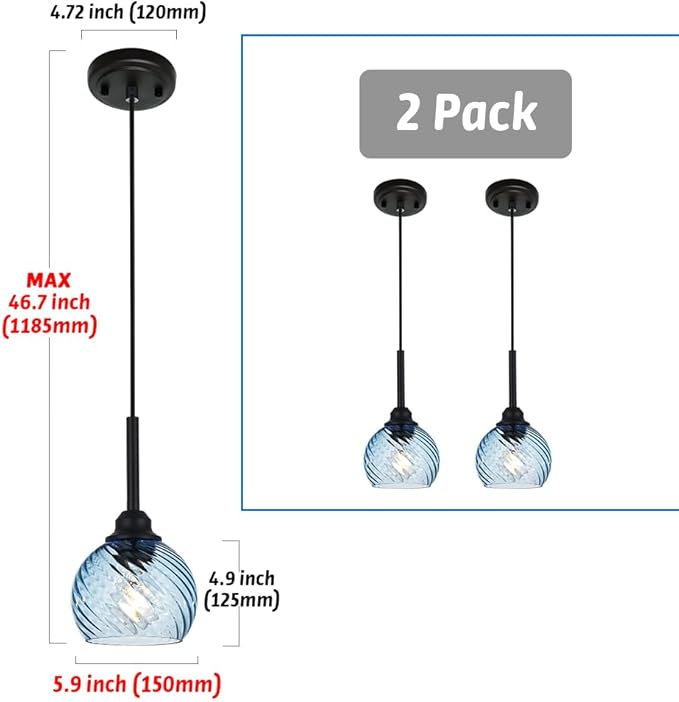 2 Pack Pendant Lights Kitchen Island with Blue Striped Swirl Globe Glass, Modern Hanging Light Fixtures Semi Flush Mount Stylish Black Pendant Lighting for Dining Room Hallway Bedroom Bar