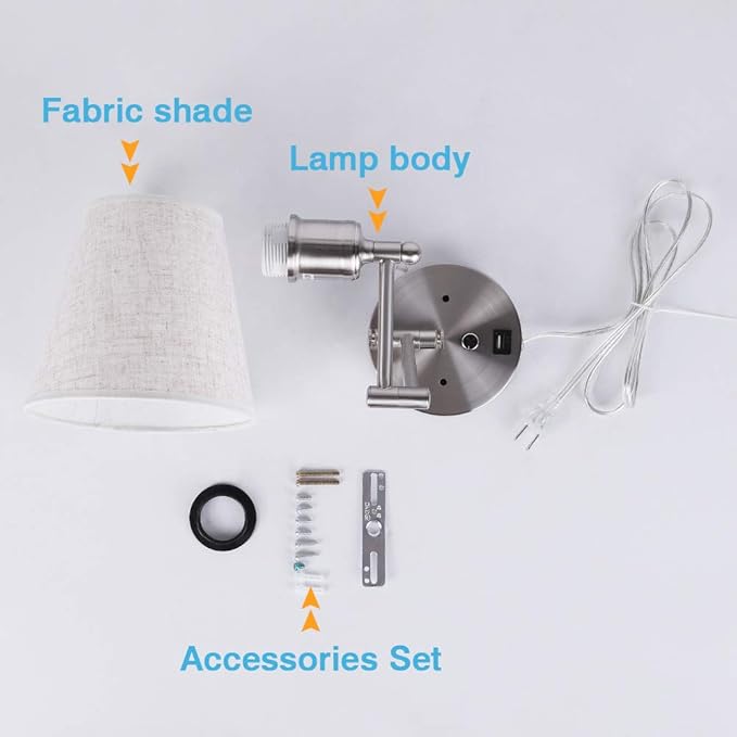 Bedside Wall Mount Light with Dimmable Switch and USB Port, Swing Arm Fabric Shade Wall Sconce Light with Plug in Cord, Wall Lamp Perfect for Bedroom, Living Room and Hotel