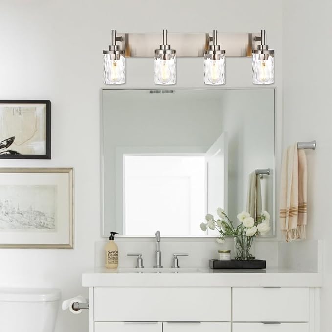 Bathroom Vanity Lighting Fixtures 4 Lights,Brushed Nickel Bathroom Vanity Lights with Clear Hammered Shade Wall Sconce Lighting Modern Farmhouse Bath Lighting
