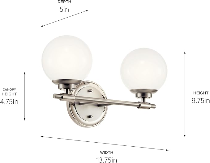 Kichler Benno 2-Light Bathroom Vanity Light Fixture with Opal Glass, Modern Brushed and Polished Nickel Finish for Powder Room or Restroom (8.75" x 14.75"), 55171PN