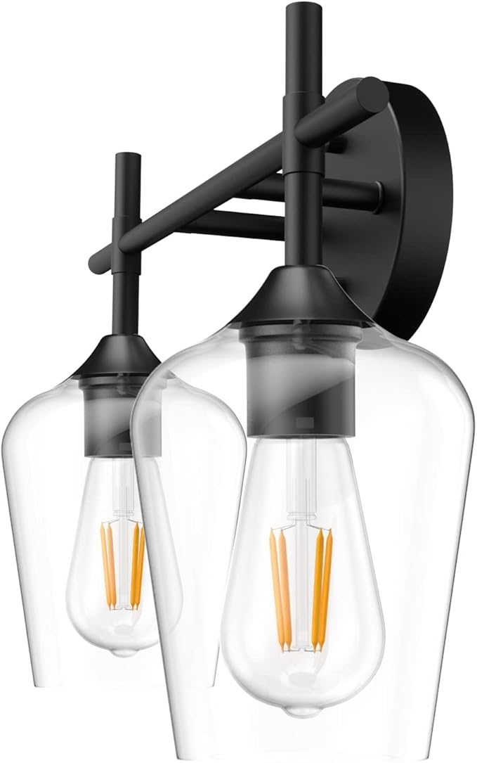 Ralbay Vintage Black Bathroom Light Fixtures 2-Lights Industrial Matte Black Finish with Clear Glass Black Vanity Lights Farmhouse Bathroom Vanity Lights Wall Sconce