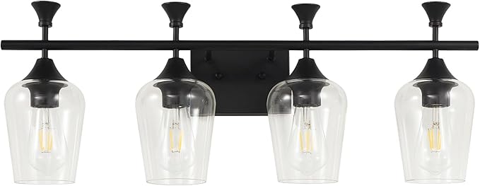 Bathroom Light Fixtures (4-Light, 29 Inch), Matte Black Vanity Lights for Bathroom with Clear Wine Glass Glass Shade, Modern Vanity Wall Lights for Mirror Bedroom Living Room Kitchen Hallway Porch