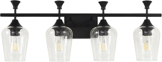 Bathroom Light Fixtures (4-Light, 29 Inch), Matte Black Vanity Lights for Bathroom with Clear Wine Glass Glass Shade, Modern Vanity Wall Lights for Mirror Bedroom Living Room Kitchen Hallway Porch