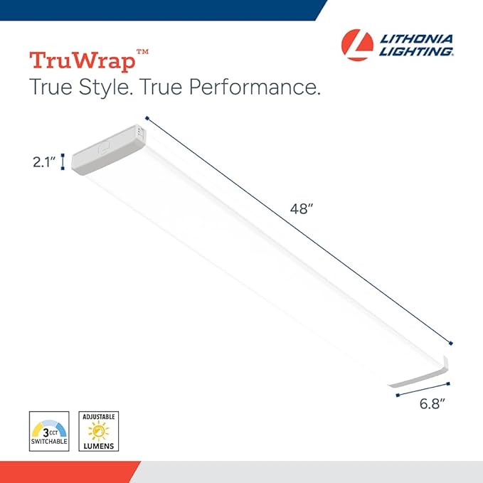 Lithonia Lighting TruWrap 4 Foot LED Ceiling Light Fixture, Low-Profile Wraparound LED Shop Light, Adjustable Lumens, Selectable Warm White/Cool White/Daylight Color, Flat Diffuser, Narrow Width