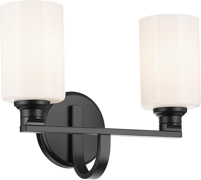 Kichler Gioe 2-Light Bathroom Vanity Light Fixture with Opal Glass, 14.25 in Modern Black Wall Sconce for Mirror, Damp Rated Lighting (14.25 in W x 10.5 in H), 55225BK
