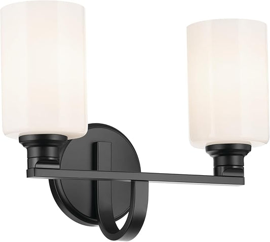 Kichler Gioe 2-Light Bathroom Vanity Light Fixture with Opal Glass, 14.25 in Modern Black Wall Sconce for Mirror, Damp Rated Lighting (14.25 in W x 10.5 in H), 55225BK