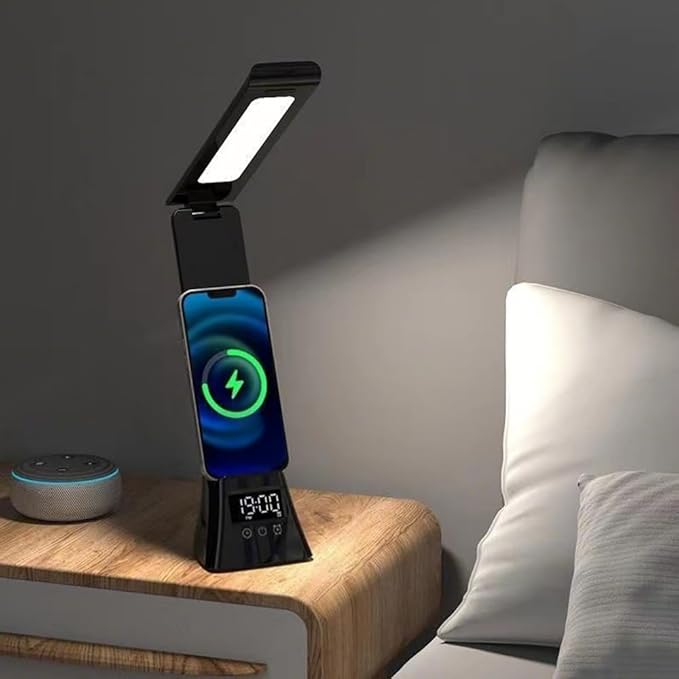 IHAO 3in1 Foldable Eye-Care Desk Lamp with 15W Wireless Charger & Digital Clock Touch Control, 3 Color Temperatures, Alarm, 180° Foldable, Phone Stand, Modern LED Table Lamp TYV-2088 Black