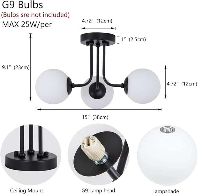 Modern Semi Flush Mount Ceiling Light,Black White Glass Shade Semi Ceiling Light 3-Light,Sputnik Chandeliers for Bedroom Hallway Dining Room Lighting Fixture, HL-23072702