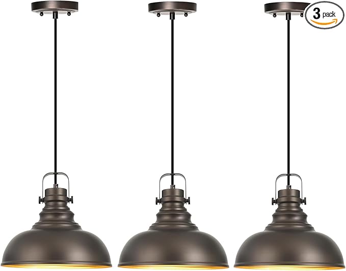 3 Packs Farmhouse Pendant Lights Kitchen Island Adjustable Pendant Light Fixtures Rustic Industrial Hanging Lamp,Oil Rubbed Bronze