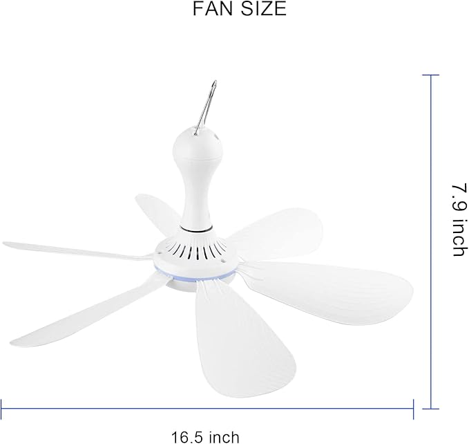 Portable Ceiling Fan USB Powered Canopy Fan with Speed Timer switch, Quiet Small DC USB Ceiling Fan Hanging Fan with 6 Blades for Camping Cruise RV Tent Gazebo Bed Dormitory Home Room
