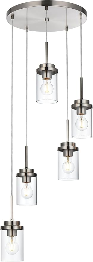 MELUCEE 5-Light Cluster Pendant Lights Stairwell Lighting Brushed Nickel Chandelier for Dining Room, Modern Kitchen Island Pendant Lighting Adjustable Hanging Ceiling Lamp with Clear Glass Shade