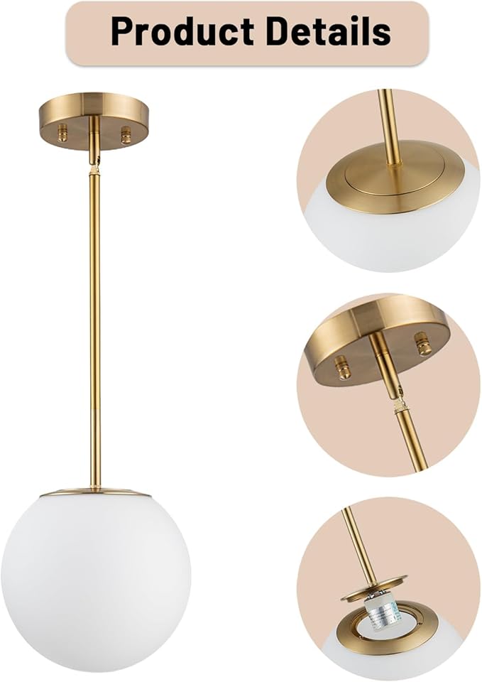 Mid Century Modern Pendant Light – 1-Light Gold Globe with White Glass Shade, Brushed Brass Finish, Adjustable Height for Sloped Ceilings, Hanging Light for Kitchen Island