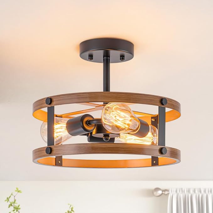 Farmhouse Semi Flush Mount Ceiling Light Fixture, Rustic 3-Light Flush Mount Light Fixture with Wood Grain Finish, Retro Ceiling Lamp for Hallway Entryway Bedroom Dining Room