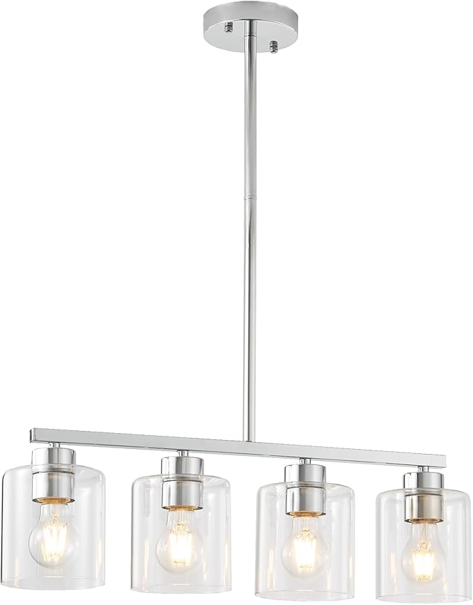 4-Light Kitchen Island Light Fixture, Silver Pendant Lights, Farmhouse Dining Room Light Fixtures Over Table, Modern Hanging Light Fixtures with Clear Glass, E26 Base, Bulbs Not Included