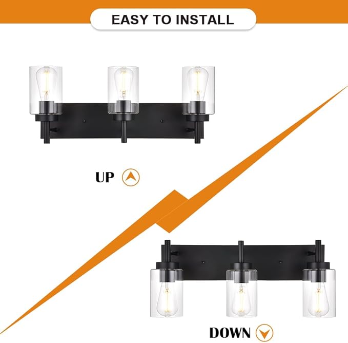 VINLUZ Vanity Bathroom Light Fixture Black 3 Lights Rustic Wall Sconce Lighting with Clear Glass Shade Vintage Porch Wall Lamp （Patent No.: US D958,438 S
