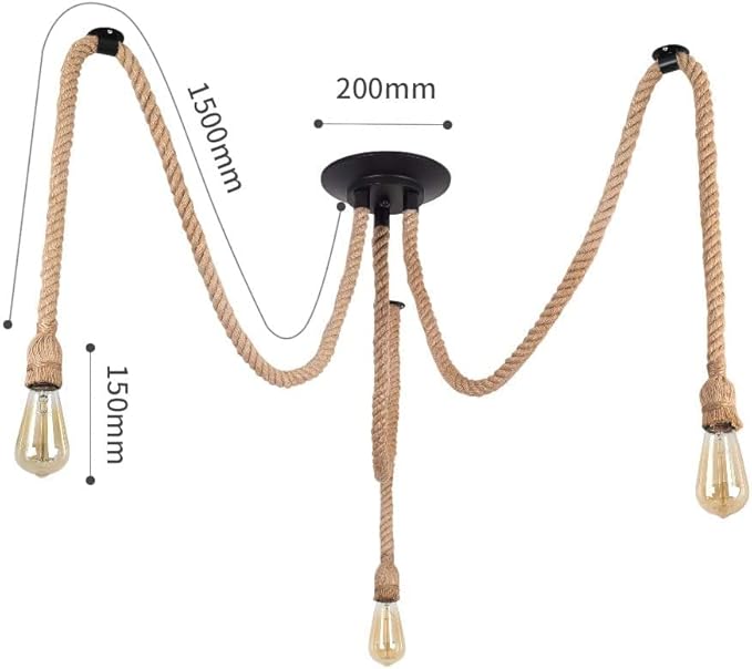 Hemp Rope Pendant Light,Industrial Ceiling Spider Lamps,Retro Pendant Lights Fixture,Adjustable DIY E26 Chandelier Lighting,Hemp Rope Hanging Light for Coffee Shop Dining Room