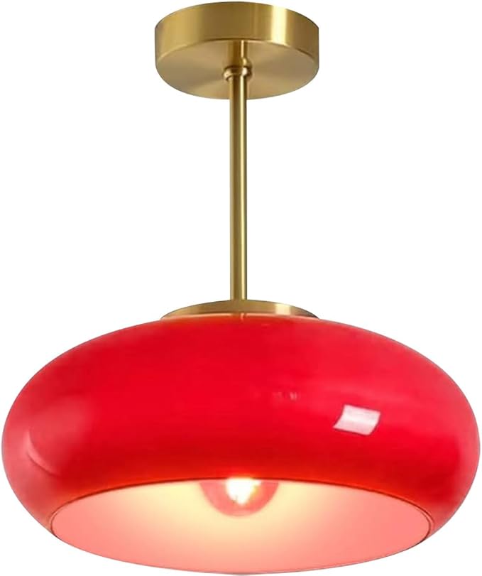 Hallway Ceiling Light Fixtures Glass Semi Flush Mount Ceiling Light with Red Dome Shade, Mid Century Modern Semi Flush Mount Lamp for Bedroom Dining Room Gold Brass Lights Fixture