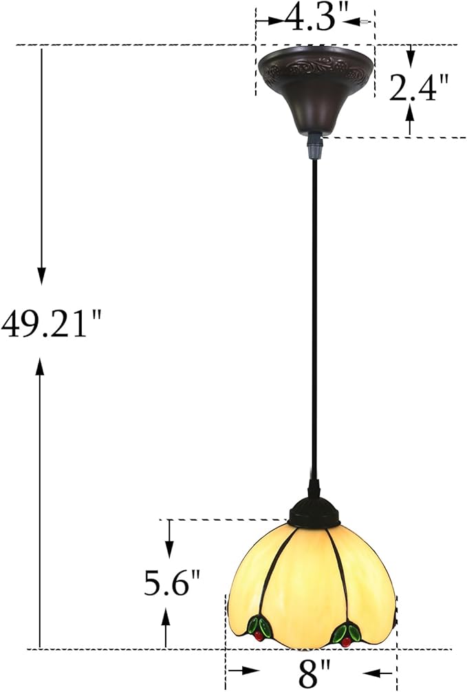 Tiffany Style Small Hanging Lamp, 8” Wide Stained Glass Pendant Lights, Antique Hanging Ceiling Lights for Kitchen Dining Room Hallway