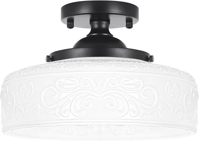 Black Semi Flush Mount Ceiling Light with Hand-Carved Design - 12 Inch Vintage White Glass Shade with Etched Patterns, Easy Install 3-Light Fixture for Hallway, Kitchen, Bedroom