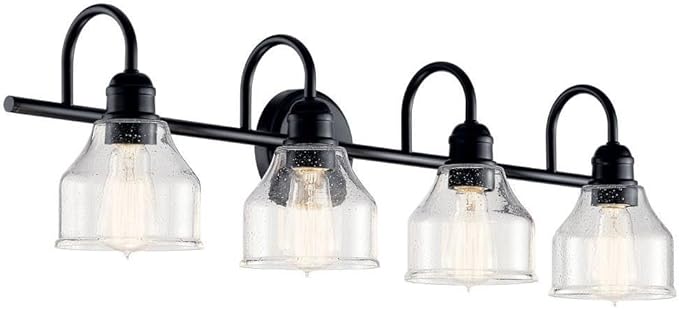 Kichler Avery 4-Light Bathroom Vanity Light Fixture with Clear Seeded Glass in Black, Industrial Farmhouse Wall Mount for Bathroom Mirror (33.5" x 9.5" x 8.25"), 45974BK