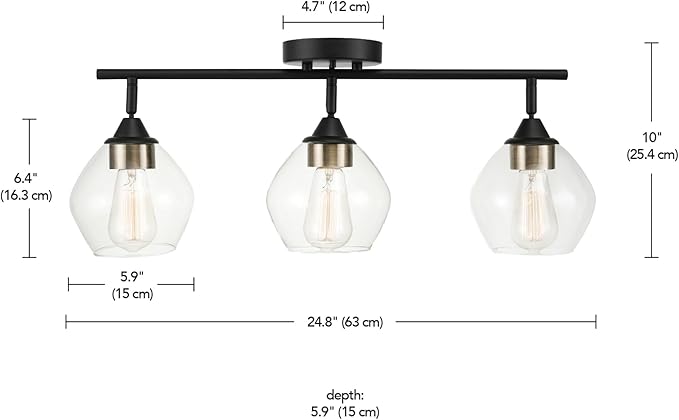 Globe Electric 59619 Harrow 3-Light Track Lighting, Matte Black, Antique Brass Accents, Clear Glass Shades, Bulbs Included, 650 Lumen