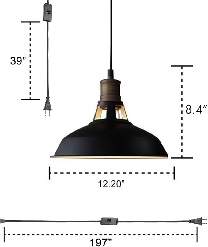 CLAXY Industrial Plug-in Barn Pendant Lighting Black Farmhouse Pendant Light with On/Off Switch 197 Inches Cord